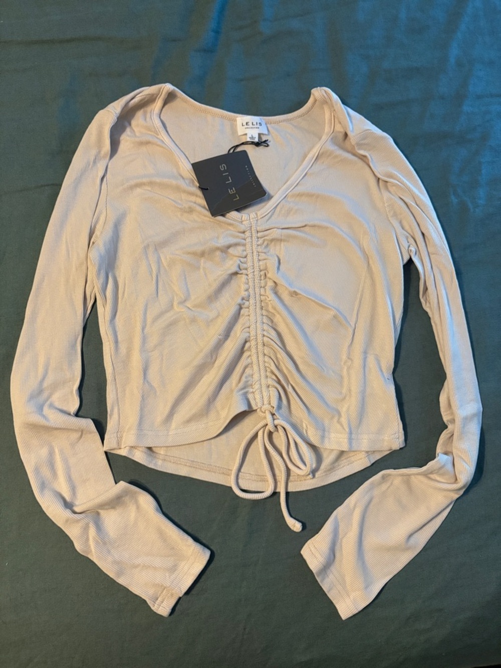 Le Lis Beige Front-Ruched Long Sleeve Crop Top